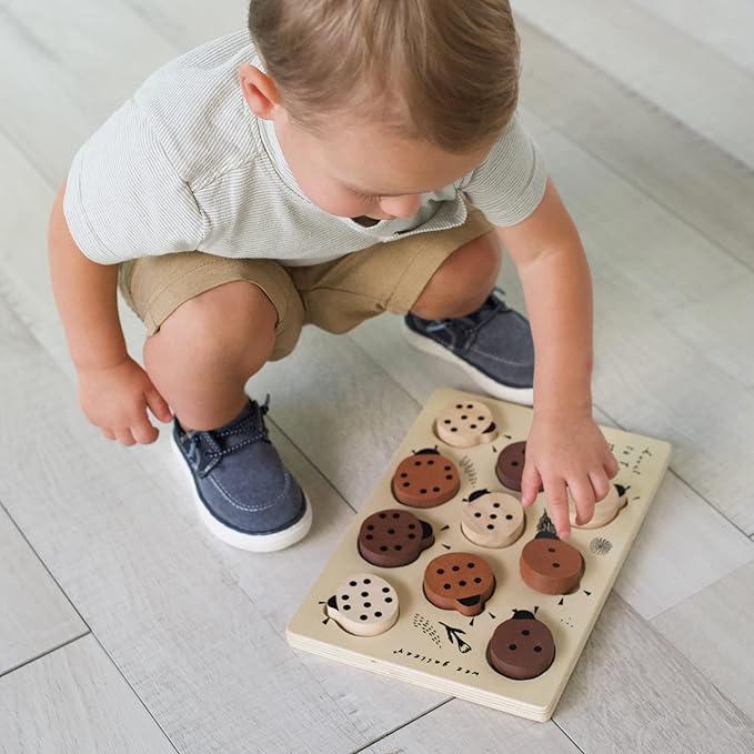 Wee Gallery Wooden Tray Puzzle Count to Ten Ladybugs, Montessori Toy for Toddlers and Preschoolers for Early Learning and Fine Motor Skill Development, Sustainable Educational Puzzle for Kids