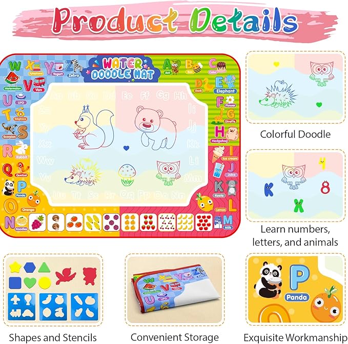 Water Doodle Mat 32 x 24 Inches Kids Water Painting Doodle Drawing Mat Toy Writing Free Coloring Extra Large Magic Educational Toys for Boys Girls Age 3 4 5 6 7 8 Year Old Christmas Birthday Present