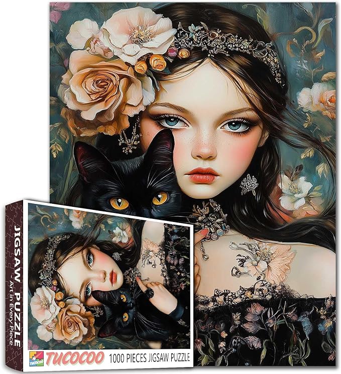 Beautiful Woman 1000 Piece Jigsaw Puzzle for Adults Black Cat Puzzles Art Gifts Classic Elegant Figure Challenging Puzzle Perfect for Game Pary Events