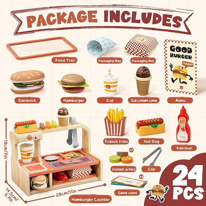 Lehoo Castle Wooden Play Food Sets, Play Hamburger Counter Shop, Toy Food for Toddlers, Play Food Sets for Kids Kitchen, Fake Food Pretend Play for Toddlers 3-5