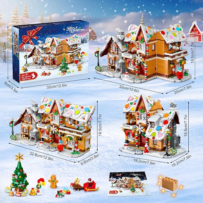 3 Style Christmas Gingerbread House Building Set with Lights - 2025 Christmas Castle Village Building Block Toy with Santa Claus Xmas Tree Train Gifts for Adults Kids Girls Boys Ages 6+ (1477PCS)