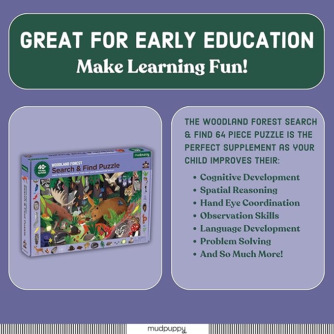 Mudpuppy Woodland Forest — 64 Piece Search & Find Puzzle Jigsaw Puzzle Featuring Diverse Woodland Animals and Over 40 Hidden Images to Find for Ages 4+