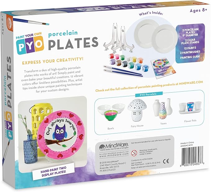 MindWare Paint Your Own Porcelain Plates - Kit Includes 2 Porcelain Plates, 12 Paints, 2 Paint Brushes, and 2 Stands