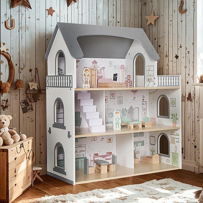 Wooden Dream Playhouse for Girls with Balcony,Doll House for Kids with Furniture,DIY Pretend Play House Toy, Children Dollhouses Toys with 12 PCS Accessories,Birthday Gifts for Boys Girls Ages 3+