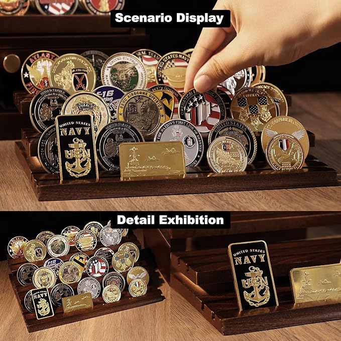 Handmade 3-Tier Challenge Coin Display Case - Holds 40+ Military Coins - Walnut Finish Wooden Holder for Desk Display - Premium Gift for Collectors & Armed Forces (Retirement, Promotion)