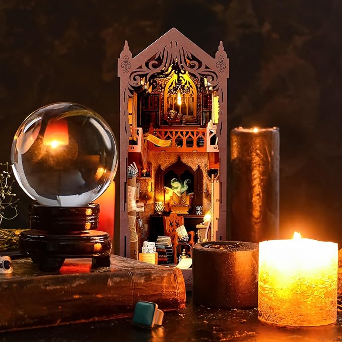 DIY Book Nook Kit, Miniature Dollhouse Bookshelf Insert with LED Light, 3D Wooden Puzzle Bookend Insert, Perfect for Teens and Adults, Magic Book