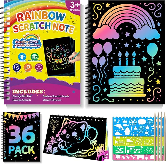 Scratch Art for Kids: 36 Pack Rainbow Scratch Paper Party Favors - Art Crafts Notebook Suitable for Birthday Gifts/School Crafts Kit/Classroom Prizes for Girls and Boys Aged 4-12