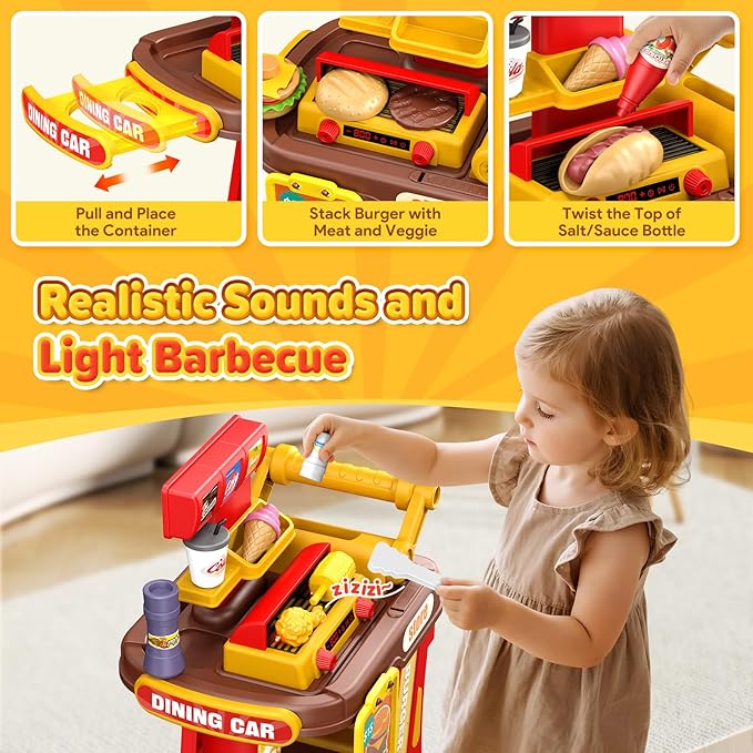 Kids Kitchen Playset - Pretend Play Restaurant Food Set for Toddlers with Cart, Grill and Apron Play Kitchen Toys Accessories with Lights and Sounds Christmas Birthday Gift for Kids Girls Boys Ages 3+