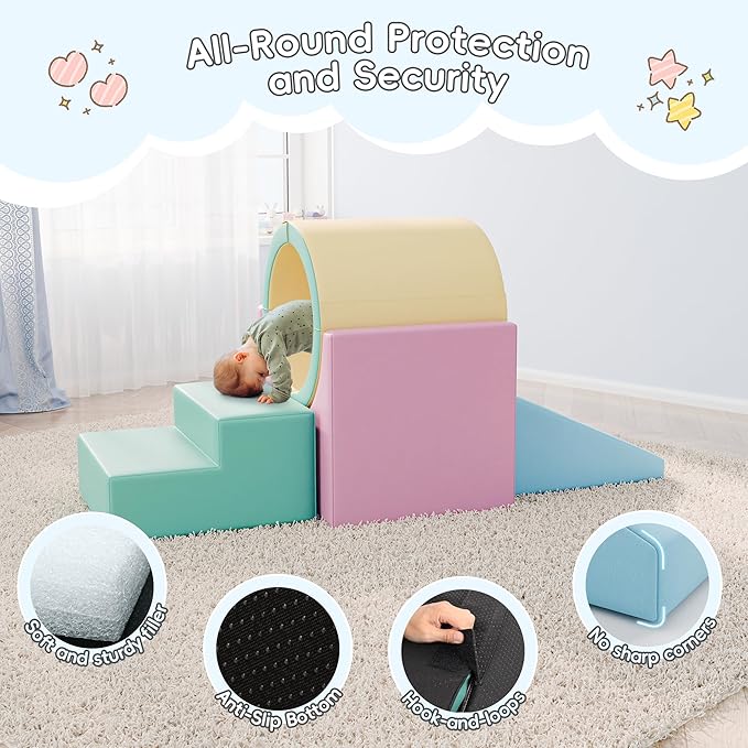 TOLEAD Tunnel/Ramps Foam Climber, Climb & Crawl Foam Activity Play Set for Toddlers and Kids, Safe Indoor Crawling Gym Equipment for,Infant,Baby Waterproof Easy to Clean (Pink)