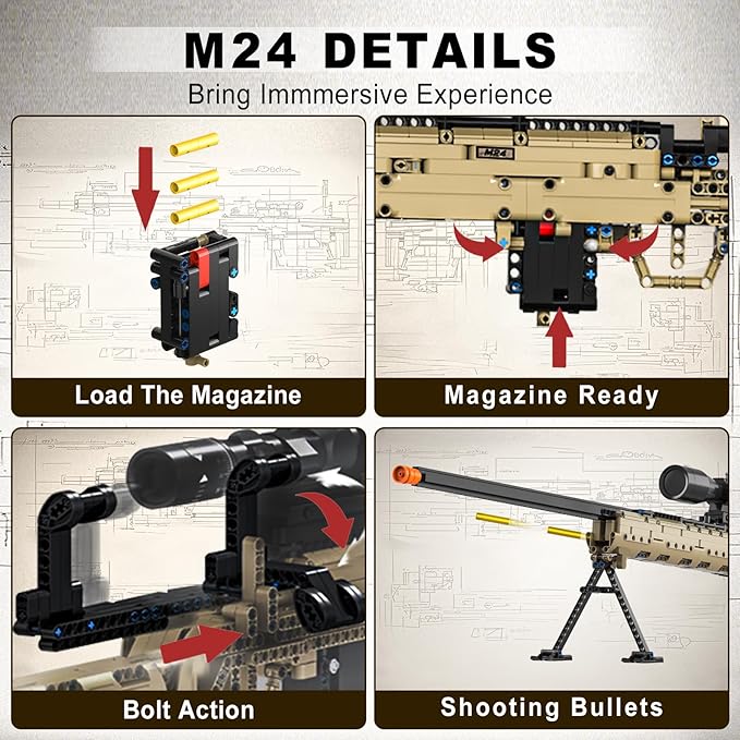 M24 Building Blocks Gun-Sets for Adults Boys, 1:1 Sniper Rifle Big Model Kit That Shoot Army Toys for Kids Age 8+, Realistic Military Collection Cool Birthday Gifts for Teen Men 1380pcs