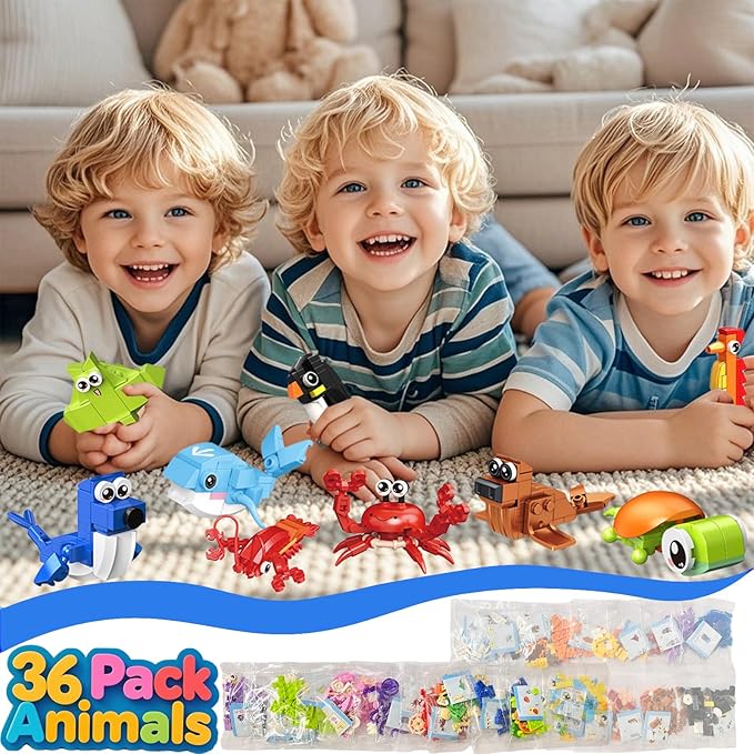 36 Pack Party Favors for Kids，Mini Ocean Animals Building Blocks Set ，Prize Box Toys for Kids Classroom, Easter Birthday Christmas Goodie Bag Fillers, Creative STEM Building Toys for Ages 6-12