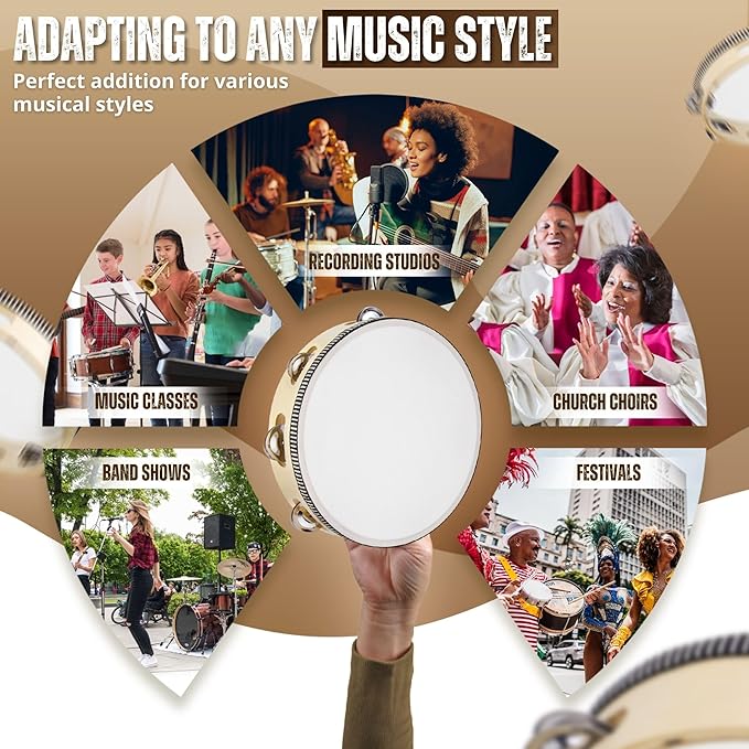 Flexzion Wood Handheld Tambourine for Kids (2 Pack) 8 Inch Double Row 12 Pair Jingles, Hand Held Percussion Drum Moon Musical Instrument with Metal Bell