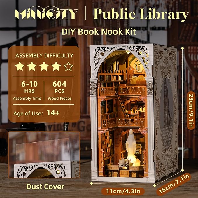 DIY Book Nook Kit, Miniature Dollhouse Booknook Kit, 3D Wooden Puzzle for Teens and Adults, Bookend Bookshelf Insert with LED Light (Public Library)