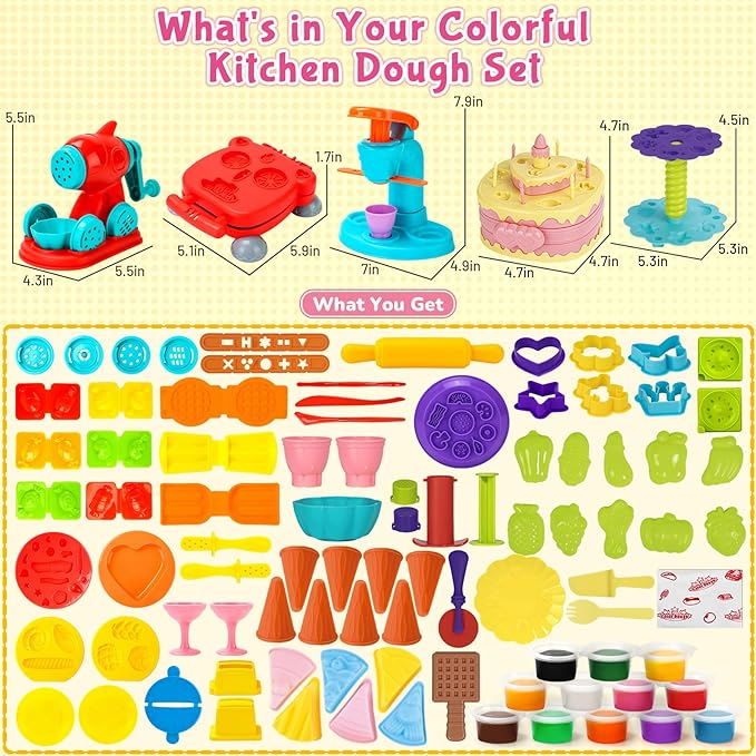 99 PCS 5 in 1 Dough Sets for Kids Ages 3-4-8, Art Crafts Dough Tools Kit, Ice Cream Playset Noodle Hamburger Cake Maker Machine, Dessert Rack, Kitchen Creations Food Play Toys Toddlers Boys Girls