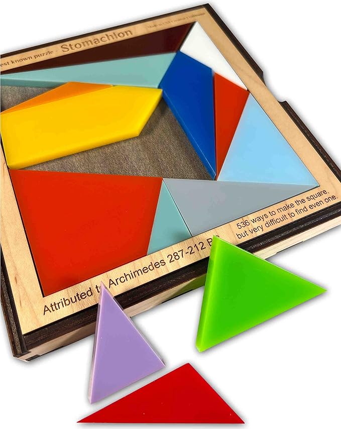 Stomachion Puzzle by Creative Crafthouse – 14 Piece Classic Brain Teaser for Teens and Adults with 536 Different Solutions - Handmade Puzzle Featuring Multi Colored Acrylic Puzzle Pieces