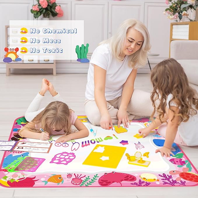 Bemece Water Doodle Mat, Writing Color Doodle Mat with Magic Pens & Stamps, Aqua Magic Doodle Mat, Educational Toys for Boys and Girls 3 4 5 6 7 Years Gift