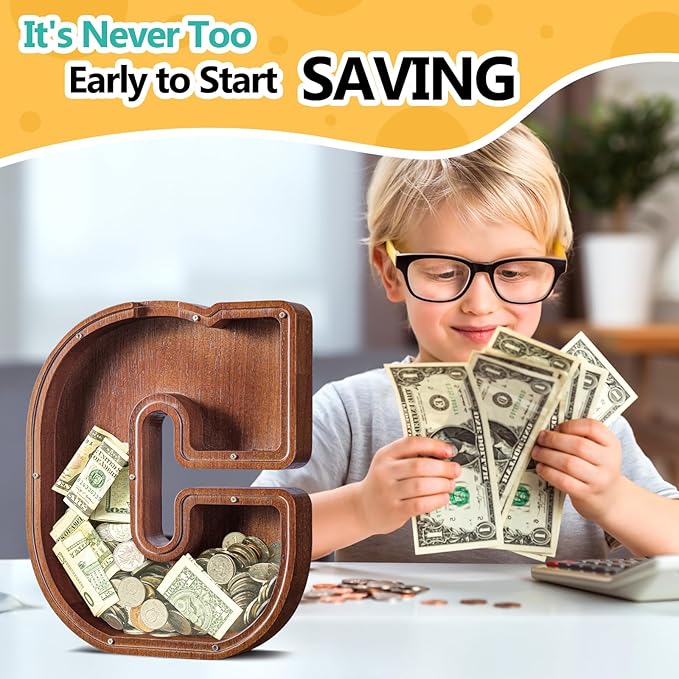 Summidate Customized Name Extra Large Wooden Piggy Bank for Kids Boys Girls Alphabets Letter A-Z Coins Bills Money Change Saving Box Clear Cover (Laser Engraved) Educational Toys 12"- Letter C