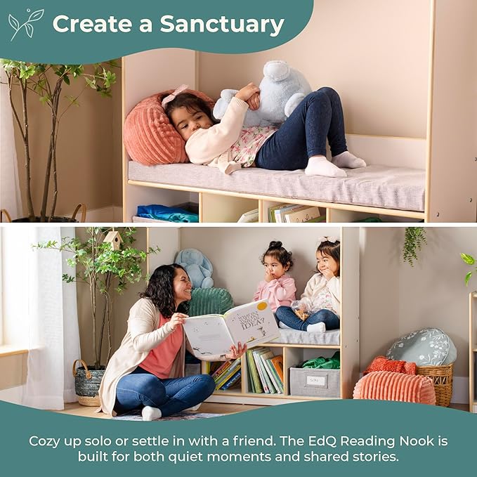 Guidecraft EdQ Kids' Reading Nook - Natural: Wooden Storage Bench Bookcase Organizer with Divided Cubbies and Bins for Books and Toys | Preschool and Homeschool Furniture