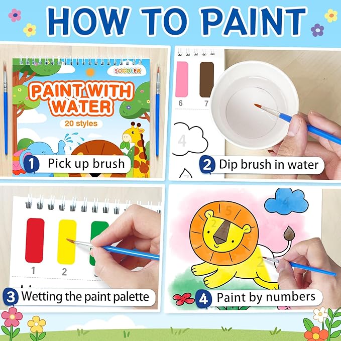 Paint with Water Coloring Books for Kids,Mess Free Watercolor Painting Papers Sets for Toddlers,Water Color Paint Kit,Art Craft Birthday Gift for Ages 1-3, 4-8(Animal)