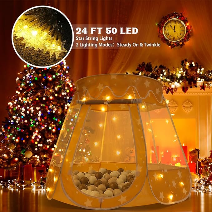 Pop Up Princess Tent with Star Light, Toys for Year Old Girl Birthday Gift, Ball Pit for Toddler Girl Toys, Easy to Pop Up and Assemble(Brown)
