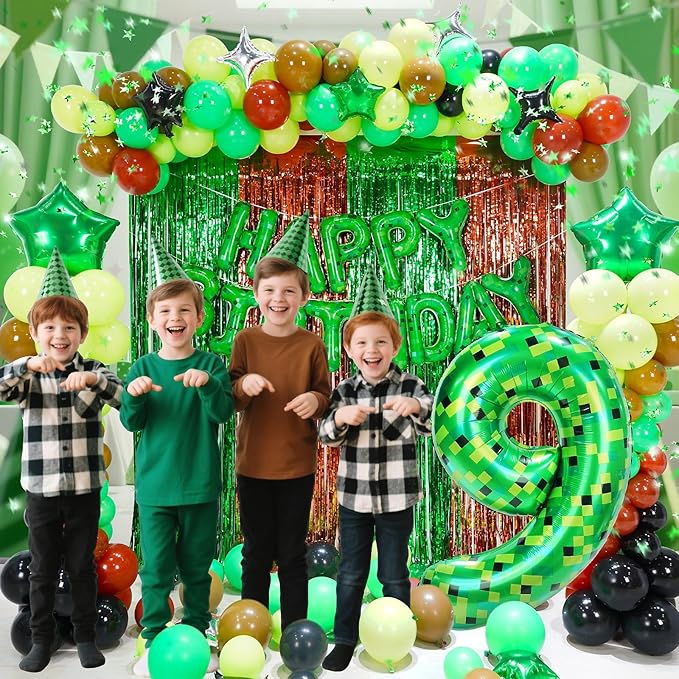 40in Pixel Giant Number 9 Balloon Birthday Decorations, Miner Theme Green Foil Balloons Blast Gaming Party Supplies