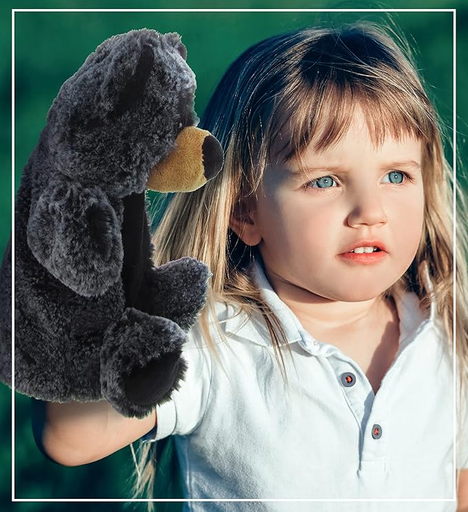 DolliBu Black Bear Stuffed Animal Hand Puppet - Super Soft Wildlife Animal Plush Toys for Kids and Adults, Cute Black Stuffed Bear Hand Toy Plush for Puppet Shows, Storytelling, or Educational Play