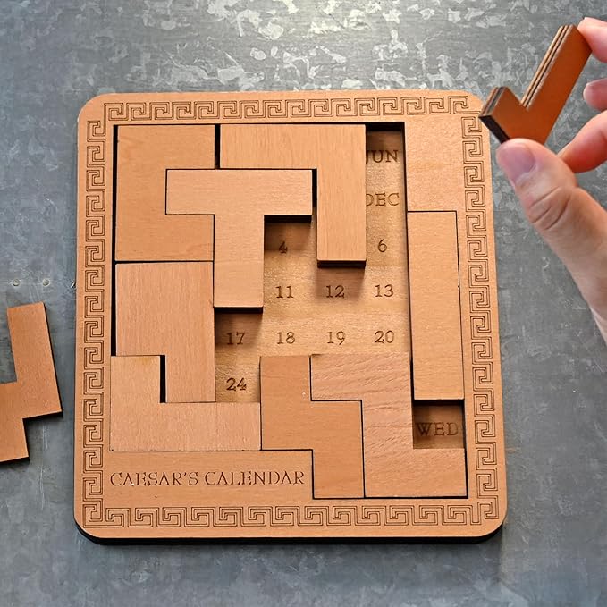 Project Genius Caesar's Calendar Wood Puzzle-A-Day Challenge, 365+ Solutions, Brainteaser Gift for Adults and Kids 8+, True Genius Office Desk Calendar Inspired by Roman Artifact