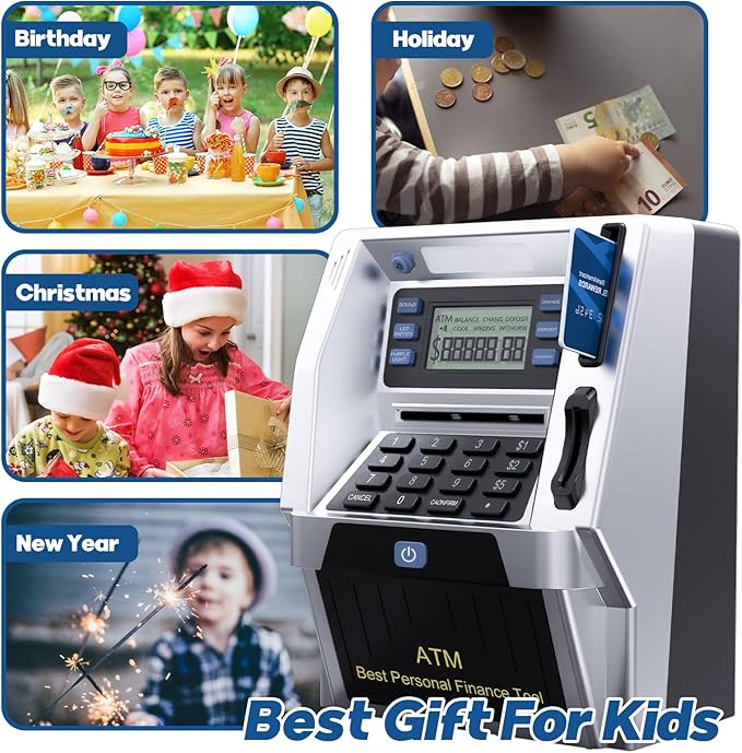 Blingbin Upgraded ATM Piggy Bank for Kids, ATM Bank Machine for Real Money with Debit Card, Bill Feeder, Coin Recognition, Balance Calculator, Electronic Saving Safe Machine Box for Boys Girls Gift