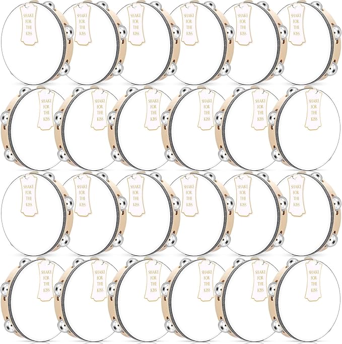 24 Set Tambourine for Adults Wooden Hand Held Drum with Metal Jingles, Gift Tags, White I Love You Printed Ribbon Percussion Gift Musical Instrument for Church Wedding Party Favor (8 Inch)