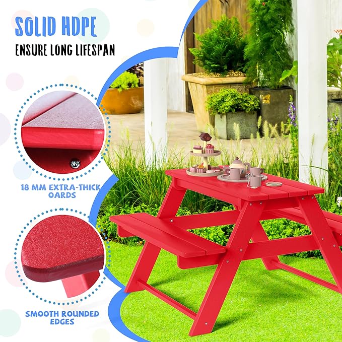 Costaelm Kids Picnic Table, HDPE All Weather Outdoor Toddler Picnic Table and Chair Set Kids Bench for Patio, Backyard, Garden, Lawn, Red