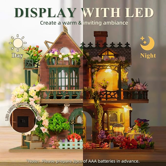 DIY Miniature House Kit with LED Lights, Fairy Garden Wooden Mini House Building Kit for Adults & Teens, Creative Crafts for Women, Friends & Hobbyists