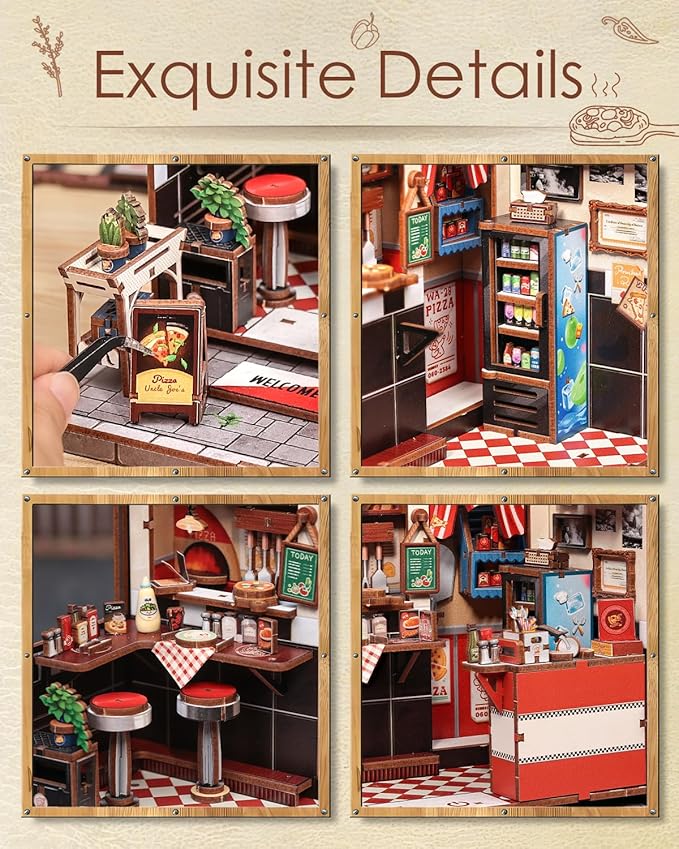 Cutefun Book Nook Kit - DIY Miniature Dollhouse Kit for Adults and Teens, Pizza Place Mini House Building Kit with LED Bookshelf Insert Decor Creative Gifts (Uncle Joe's Pizzeria)