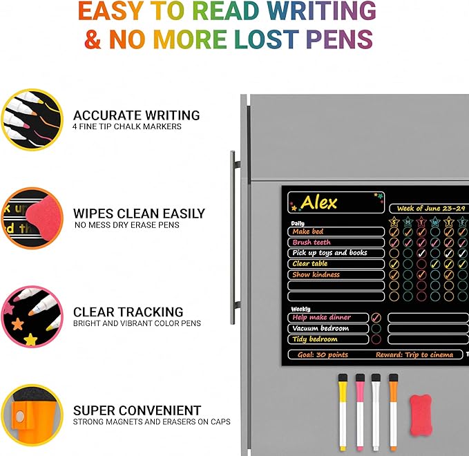 Black Magnetic Chore Charts for Multiple Kids & Adults - 3Pcs Dry Erase Chore Boards Set with 4 Fine Tip Chalk Markers - Responsibility & Reward Charts for Family Organization on Your Refrigerator