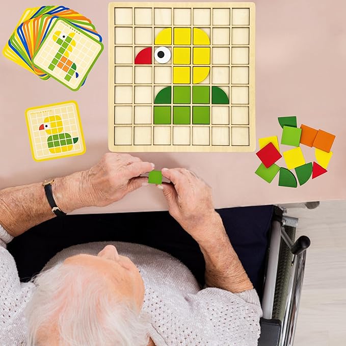 Activities for Dementia Patients, 96 Pieces Wooden Puzzle Games for Seniors, Colorful Shape Pattern Alzheimers Products for Elderly, Tile Matching Memory Cognitive Busy Board Gadgets Gifts