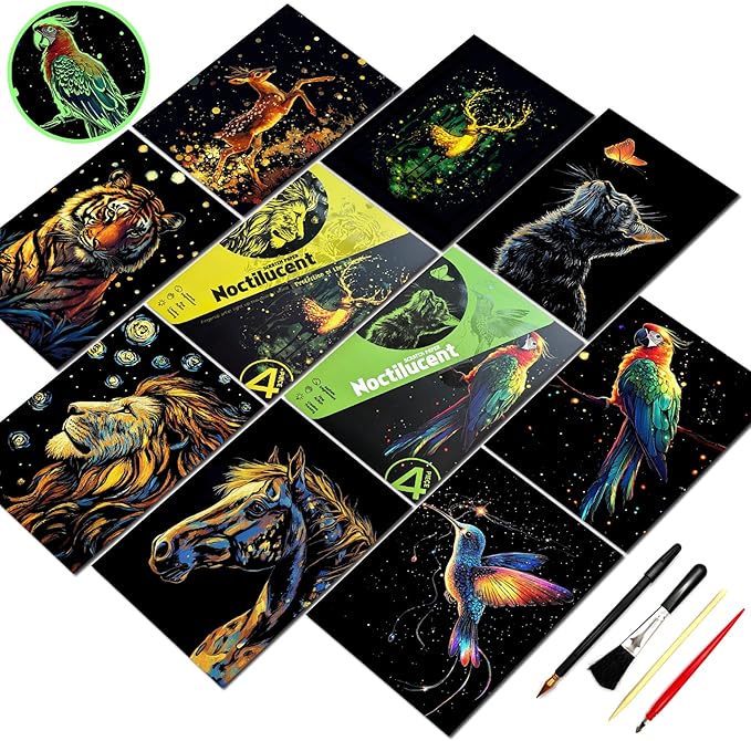 Scratch Paper Art for Adults-Glow in The Dark Scratch Painting Craft Kit (8 Sheets A5)|DIY Foil Engraving Art Set|Stress Relief Gift for Craft Lovers|Creative Scratch Art Home Decor(Animal Series)