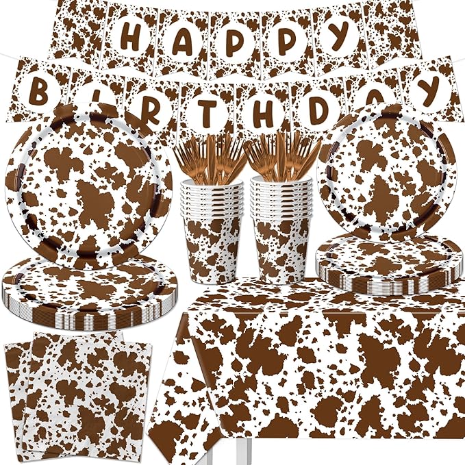 Highland Cow Decorations, 142Pcs Cow Print Plates and Napkins Party Supplies, Brown Cow Birthday Party Decorations Tableware Cups Tablecloth for Cow Baby Shower Farm Cowboy Theme Party