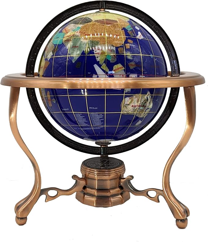 Unique Art 10-Inch Tall Table Top Blue Lapis Ocean Gemstone World Globe with Copper Tripod Stand (BLUE LAPIS)