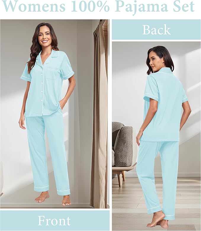 CF Womens 100% Cotton Pajamas Set Button Down Pjs Sets Short Sleeve Top & Long Pants Sleepwear Comfy Loungewear with Pockets