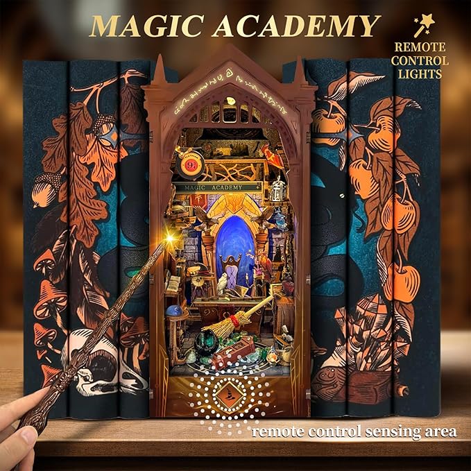 DIY Book Nook Kit, DIY Miniature Dollhouse Kit for Adults and Teens, Book Nook Bookshelf Insert Decor 3D Wooden Puzzle Bookend Miniature Kit with Sensor Light Creative Craft (Magic Academy)