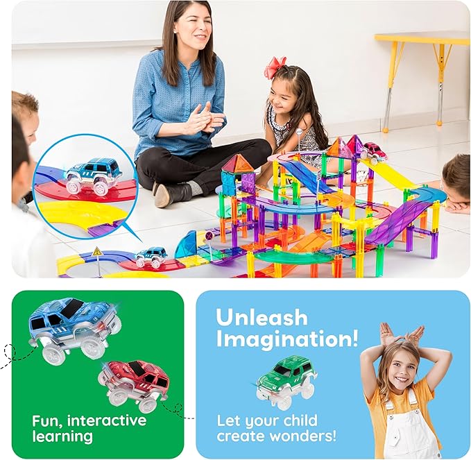 PicassoTiles 3 Magnetic Toy Cars Set Light Up LED Highly Detailed Compatible with Magnet Car Race Track STEM Truck Replacement Accessories Educational Building Kits for Toddlers Boys & Girls Ages 3+