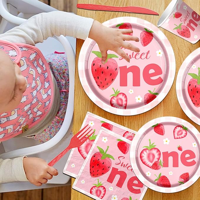 Strawberry First Birthday Party Tableware Set, 142Pcs Sweet One Strawberry Birthday Party Decorations, Include Plates, Cups, Napkins, Banner, Tablecloth for Berry First Birthday Party Supplies