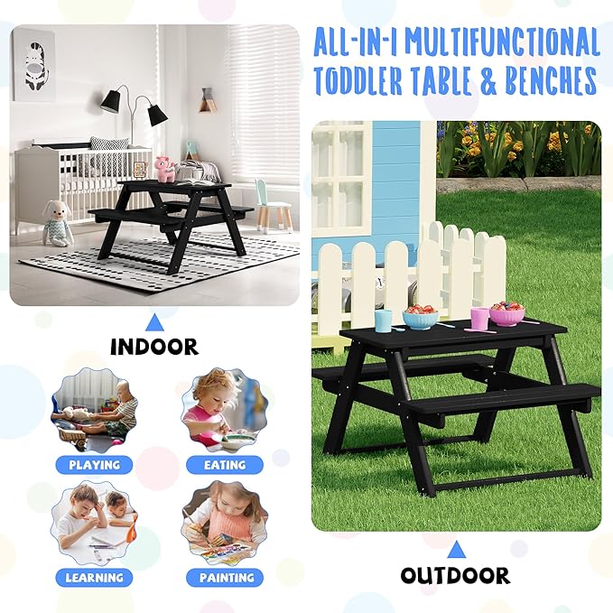 Costaelm Kids Picnic Table, HDPE All Weather Outdoor Toddler Picnic Table and Chair Set Kids Bench for Patio, Backyard, Garden, Lawn, Black