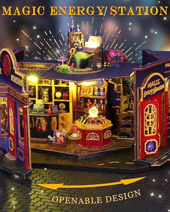 Miniature House Kit Magic Energy Station, DIY Dollhouse Kit for Adults & Teens, Tiny House Craft Decor with LED Lights, Wooden Mini Model Gift for Birthdays & Holidays