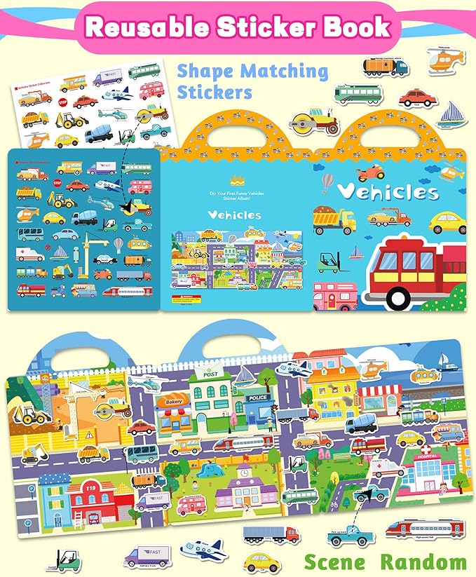 Reusable Sticker Book for Toddlers 2-4 Years, Stickers for Kids, Toddler Craft Activities, Toddler Travel Toys Ages 2+ Boy Girl Birthday Gifts