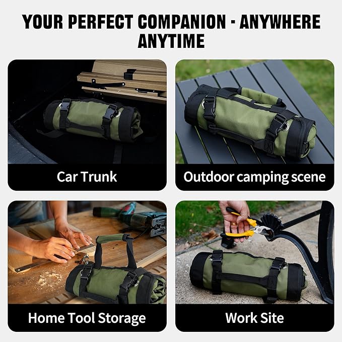 Portable Foldable Roll-Up Waterproof Tool Bag Organizer with 5 Compartments & 2 Detachable Pouches, Heavy-Duty Tool Pouch Bag, Dad Men Electrician Mechanic Gifts (Army green)