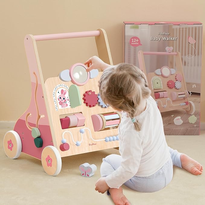 PairPear Wooden Baby Walker Push and Pull Learning Activity Walker, 8-in-1 Montessori Busy Board Push Walker Wooden Activity Center Toys for Boys and Girls 12m+ （Pink Rabbit）