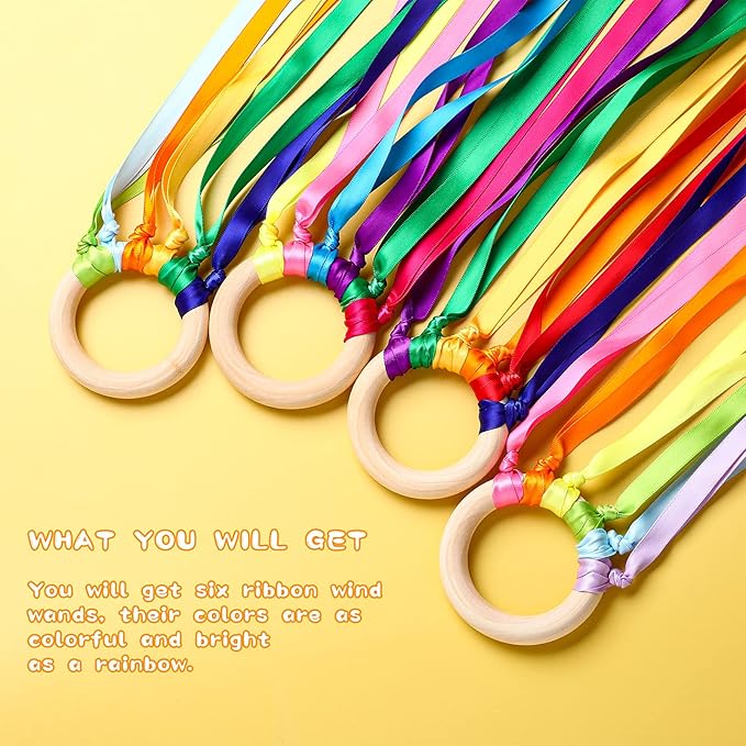 Sumind 6 Pcs Rainbow Ribbon Hand Kites Wands for Kids Dancer Streamer String Toy Thrown Waldorf Wand with Wooden Ring Wand Learning Educational(Bright Colors)