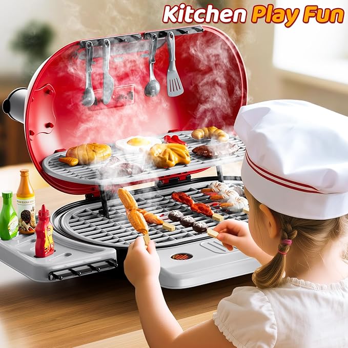 Kids Grill Playset for Toddlers 3-5, 2-Layer Outdoor BBQ Cooking Toy with Smoke, Lights and Sounds, Backyard Pretend Play Kitchen Set, Outside Toys for Boys and Girls