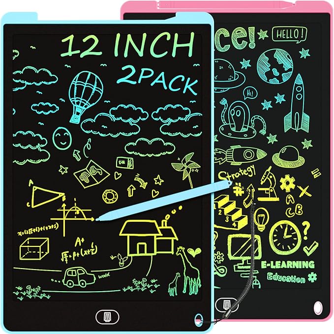 2 Pack 12 Inch LCD Writing Tablet, Electight Colorful Doodle Board, Eye Protection Drawing Board with Lock & Erase FUNC, Birthday Gifts and Toys for 3 4 5 6 7 8 Year Old Boys and Girls - Pink & Blue