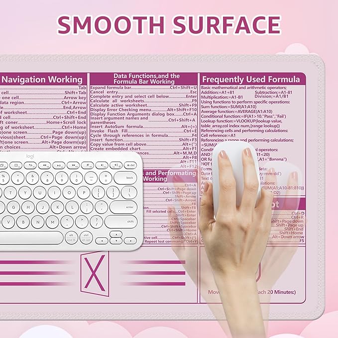 Excel Mouse Pad，Excel Cheat Sheet Desk Pad，Office Power Point Excel Word Shortcut Keys, Gaming Mouse Pad, Non-Slip Rubber Base Mousepad, Stitched Edges, 31.5x11.8 inch for Home Office